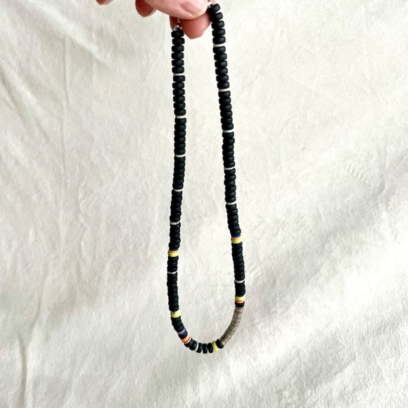 Beaded Necklace/w Black, White, Yellow, Orange, Blue, and Metal Beads - Picture 10 of 13
